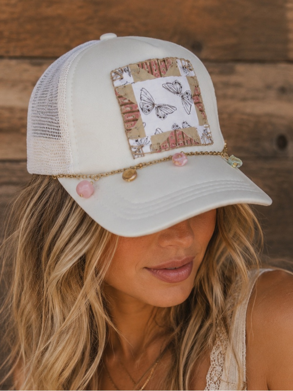 Patchwork Trucker Hat and Detachable Chain - Lovely Butterly Sawtooth Star